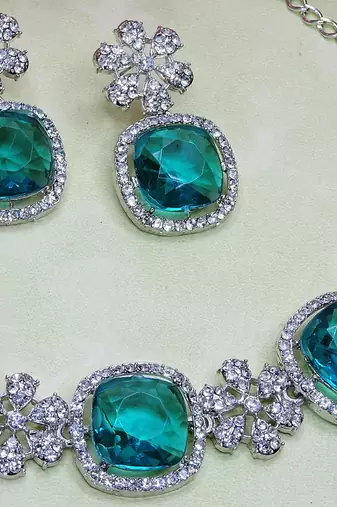 Green rhodium premium designer american diamond and stone work necklace set