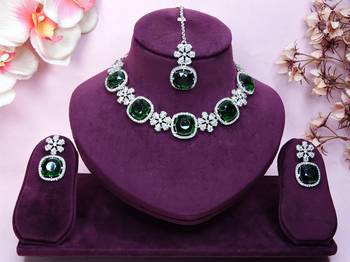 Green rhodium premium designer american diamond and stone work necklace set 1