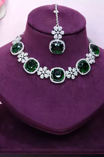 Green rhodium premium designer american diamond and stone work necklace set