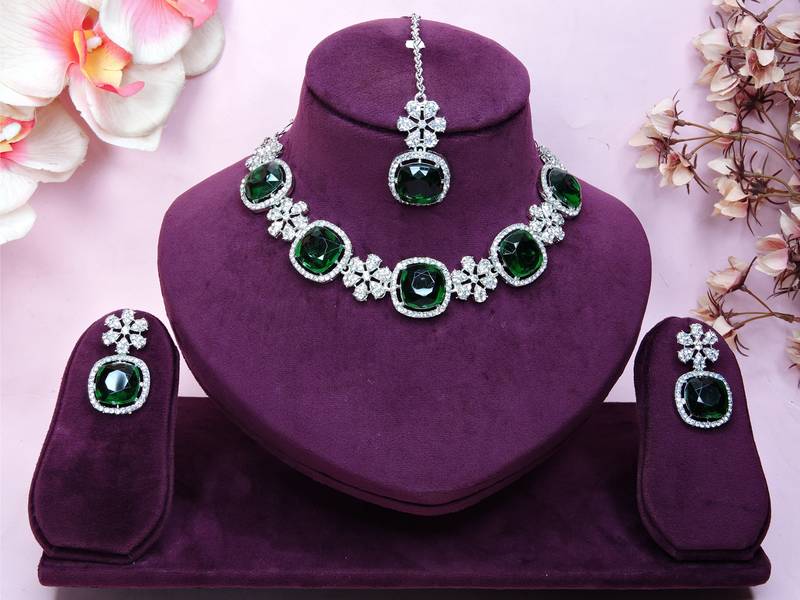 Green rhodium premium designer american diamond and stone work necklace set