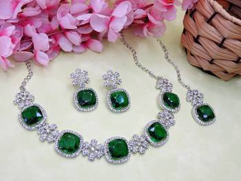 Green rhodium premium designer american diamond and stone work necklace set 2