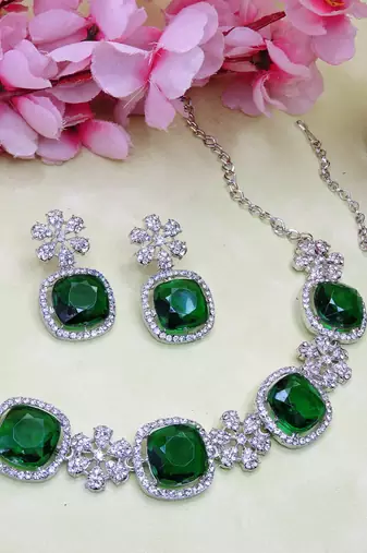 Green rhodium premium designer american diamond and stone work necklace set