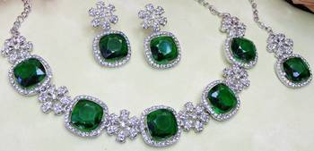 Green rhodium premium designer american diamond and stone work necklace set 3
