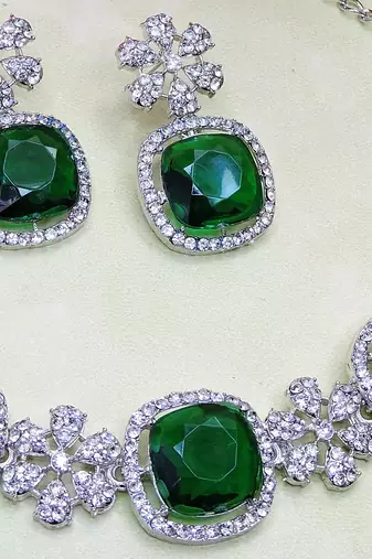 Green rhodium premium designer american diamond and stone work necklace set