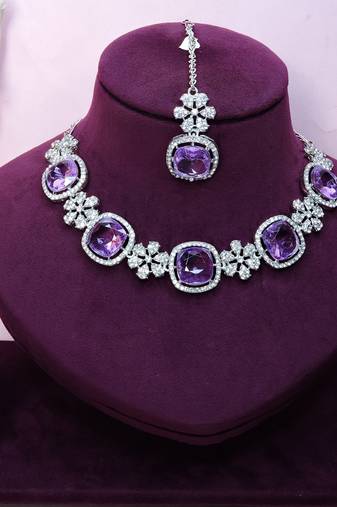 Purple rhodium premium designer american diamond and stone work necklace set