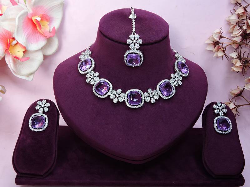 Purple rhodium premium designer american diamond and stone work necklace set