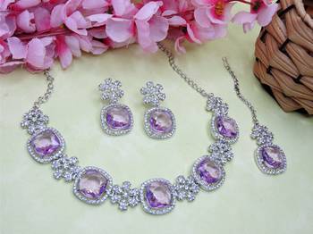 Purple rhodium premium designer american diamond and stone work necklace set 2
