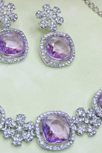 Purple rhodium premium designer american diamond and stone work necklace set