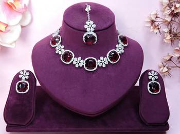 Maroon rhodium premium designer american diamond and stone work necklace set 1