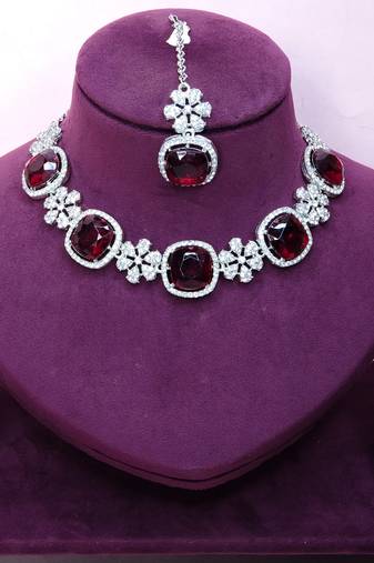 Maroon rhodium premium designer american diamond and stone work necklace set