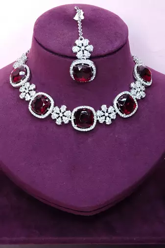 Maroon rhodium premium designer american diamond and stone work necklace set