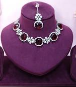 Maroon rhodium premium designer american diamond and stone work necklace set