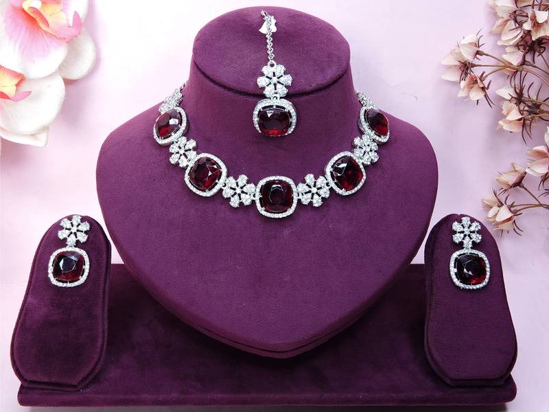 Maroon rhodium premium designer american diamond and stone work necklace set
