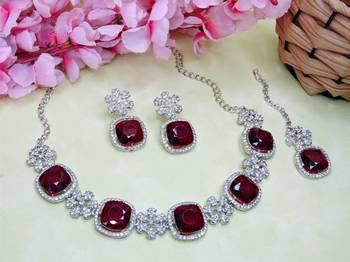 Maroon rhodium premium designer american diamond and stone work necklace set 2