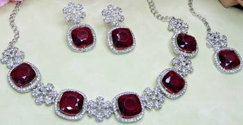 Maroon rhodium premium designer american diamond and stone work necklace set 3