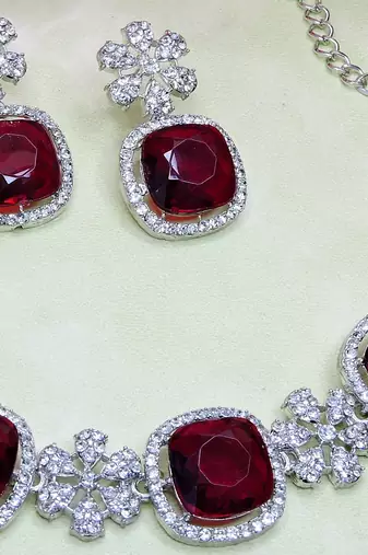 Maroon rhodium premium designer american diamond and stone work necklace set