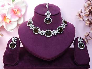 Green rhodium premium designer american diamond and stone work necklace set 1