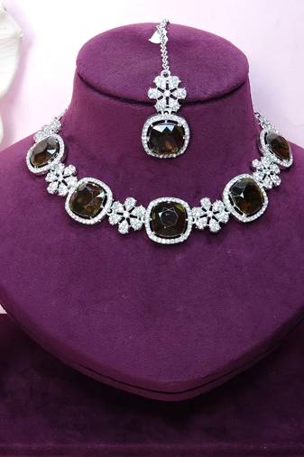 Green rhodium premium designer american diamond and stone work necklace set
