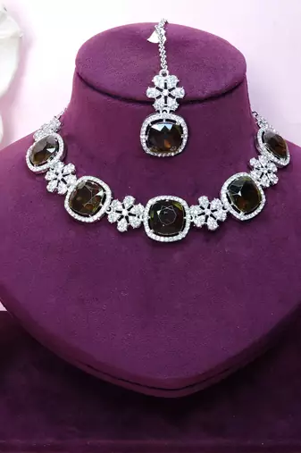 Green rhodium premium designer american diamond and stone work necklace set
