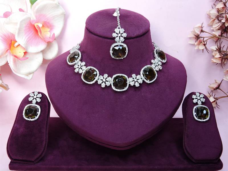 Green rhodium premium designer american diamond and stone work necklace set