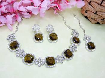 Green rhodium premium designer american diamond and stone work necklace set 2