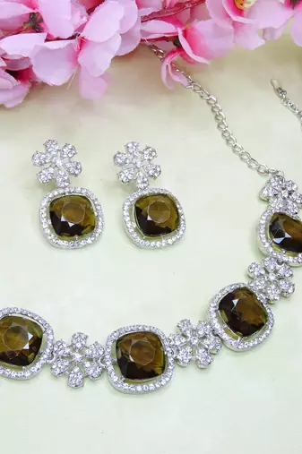 Green rhodium premium designer american diamond and stone work necklace set