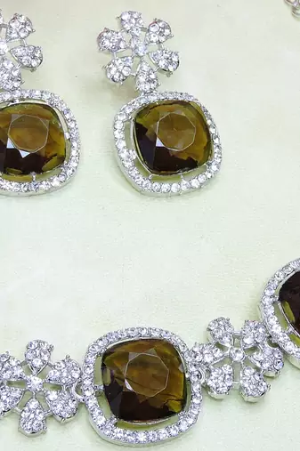 Green rhodium premium designer american diamond and stone work necklace set