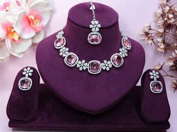 Pink rhodium premium designer american diamond and stone work necklace set 1