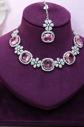 Pink rhodium premium designer american diamond and stone work necklace set