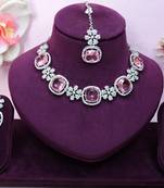 Pink rhodium premium designer american diamond and stone work necklace set
