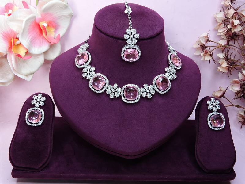 Pink rhodium premium designer american diamond and stone work necklace set