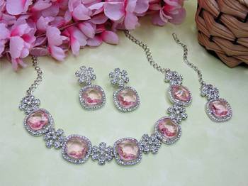 Pink rhodium premium designer american diamond and stone work necklace set 2