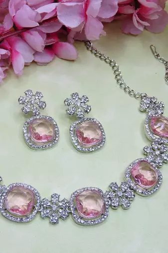 Pink rhodium premium designer american diamond and stone work necklace set