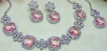 Pink rhodium premium designer american diamond and stone work necklace set 3