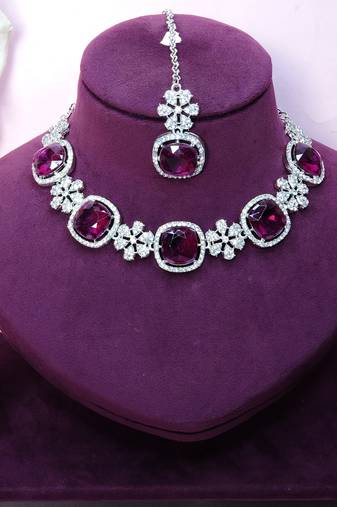 Purple rhodium premium designer american diamond and stone work necklace set