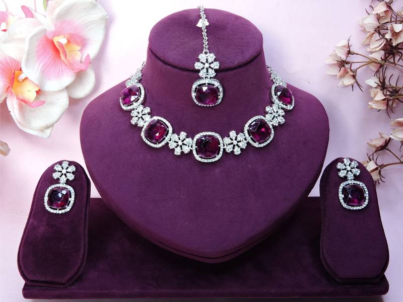 Purple rhodium premium designer american diamond and stone work necklace set