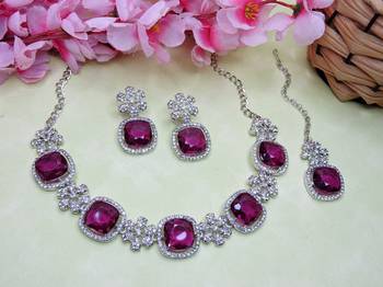 Purple rhodium premium designer american diamond and stone work necklace set 2