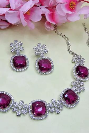 Purple rhodium premium designer american diamond and stone work necklace set