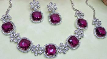 Purple rhodium premium designer american diamond and stone work necklace set 3