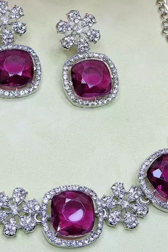 Purple rhodium premium designer american diamond and stone work necklace set
