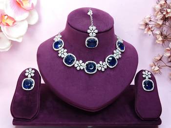 Blue rhodium premium designer american diamond and stone work necklace set 1