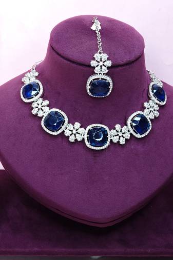 Blue rhodium premium designer american diamond and stone work necklace set