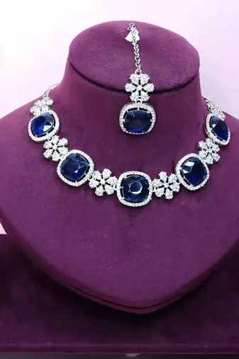 Blue rhodium premium designer american diamond and stone work necklace set