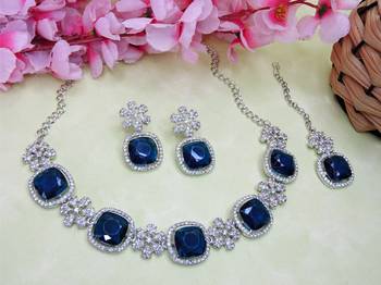 Blue rhodium premium designer american diamond and stone work necklace set 2