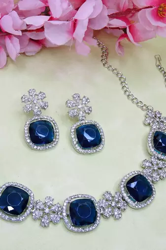 Blue rhodium premium designer american diamond and stone work necklace set