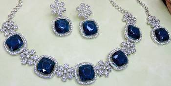 Blue rhodium premium designer american diamond and stone work necklace set 3
