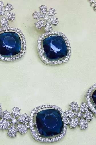 Blue rhodium premium designer american diamond and stone work necklace set