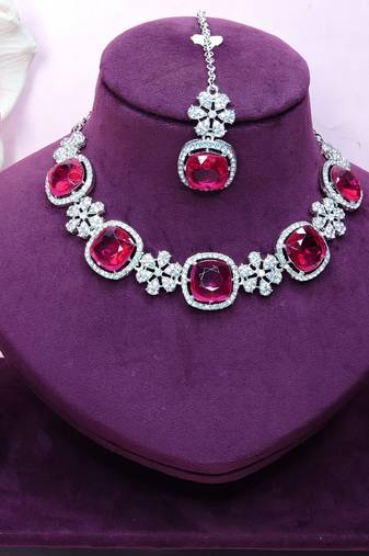 Pink rhodium premium designer american diamond and stone work necklace set