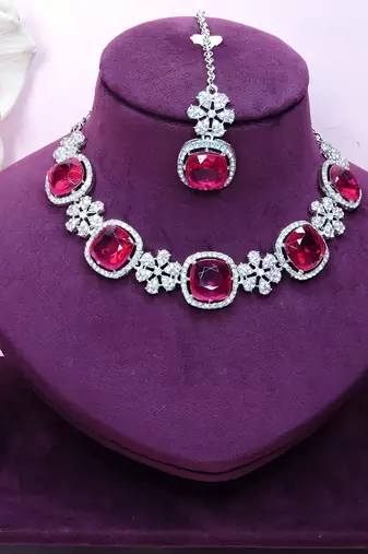 Pink rhodium premium designer american diamond and stone work necklace set