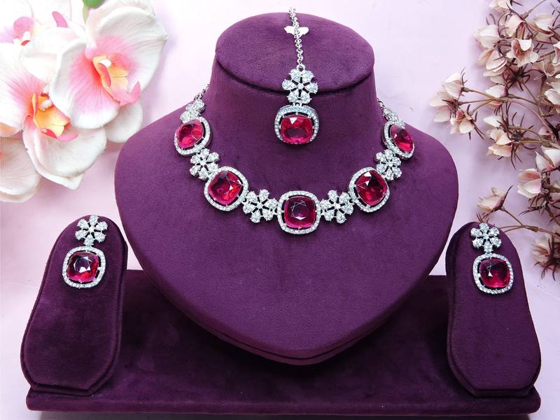 Pink rhodium premium designer american diamond and stone work necklace set